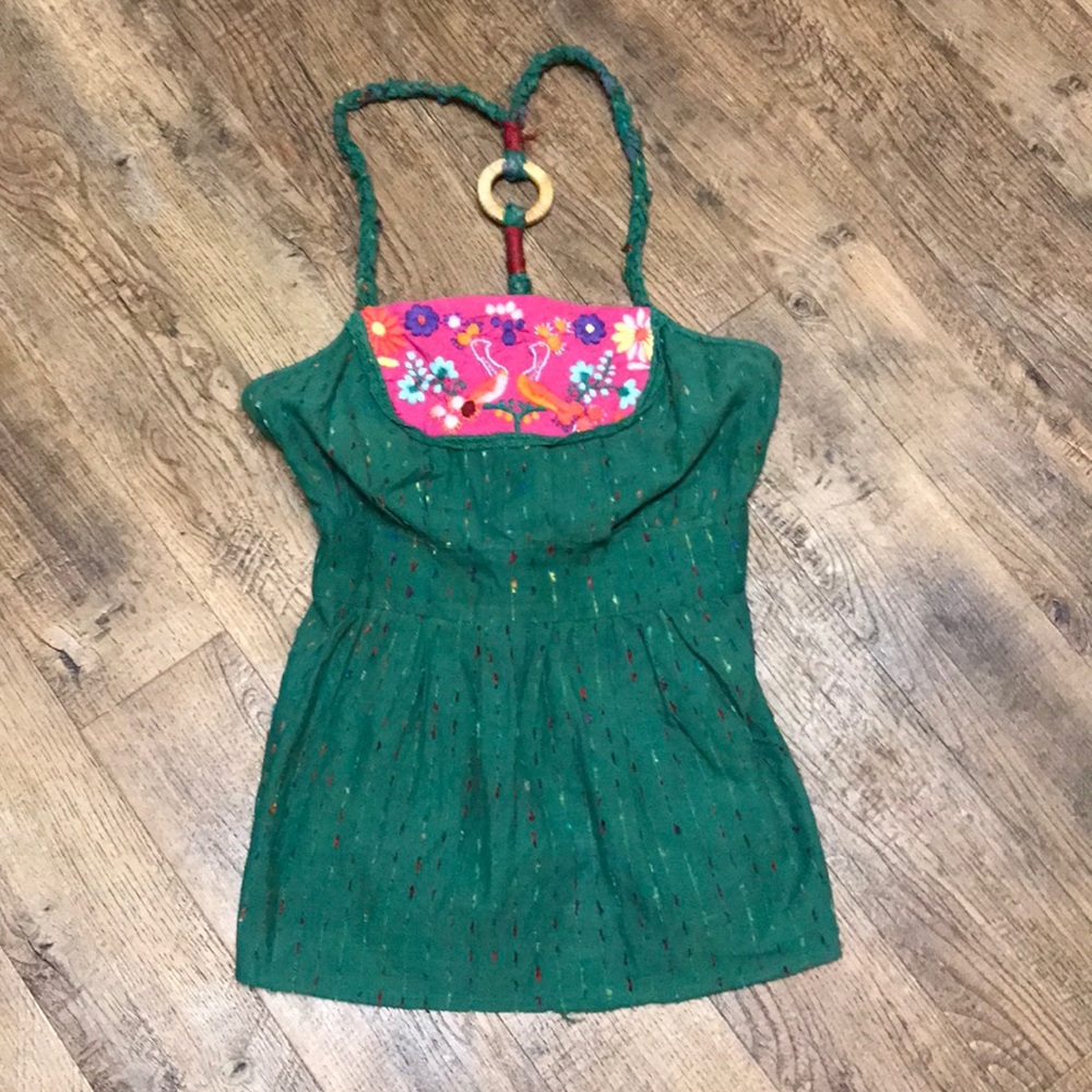 Free People Green Tank Top with Pink Embroidered Yoke